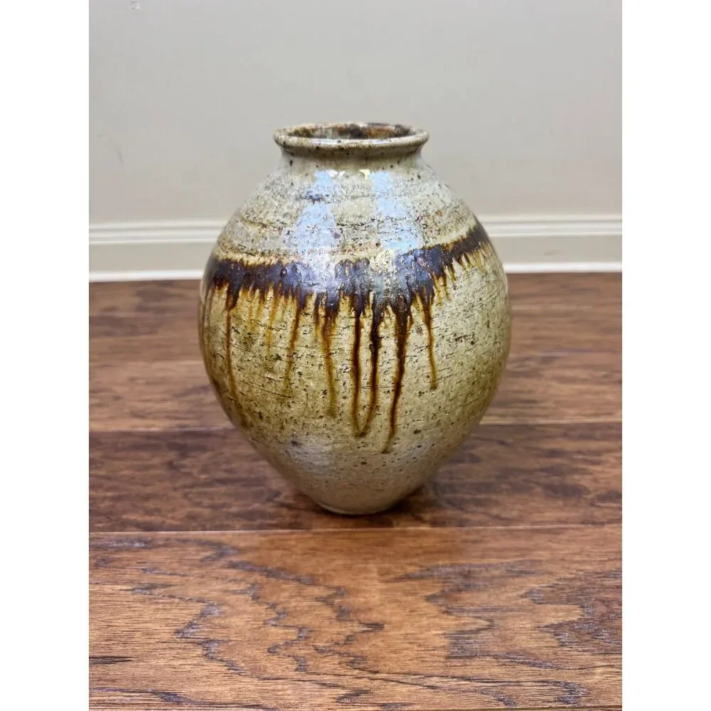 Signed Studio Pottery Drip Glaze Urn/Vase, Neutral Colors, Large